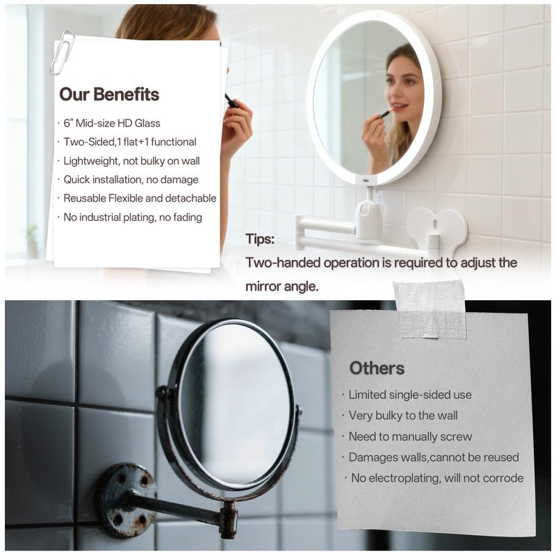 6" Led Wall Mounted Makeup Mirror Double Sided 1/30X, 1-Second Install Lightweight Compact Wall Mirror with Light, Rechargeable Extendable Magnifying Mirror for Bathroom, Wall Vanity Mirrors (1+30X)
