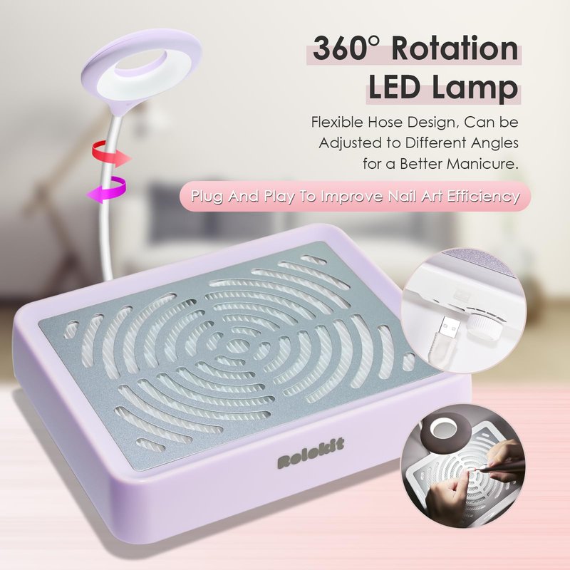 Nail Dust Collector with Lamp&50pcs Disposable Filter&Dusting Brush, Electric Nail Vacuum Cleaner Dust Fan Suction Machine for Manicure Acrylic Gel Nails Polishing, Low Noise, Salon Home