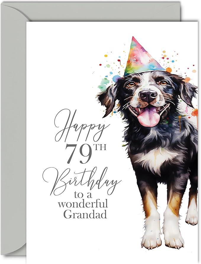 79th Birthday Cards for Grandpa - Party Dog - Happy Birthday Card for 79 Year Old Grandpa from Granddaughter Grandson, A5 Bday Man Men Him Greeting Cards Gift for Grandpa Birthday Gifts