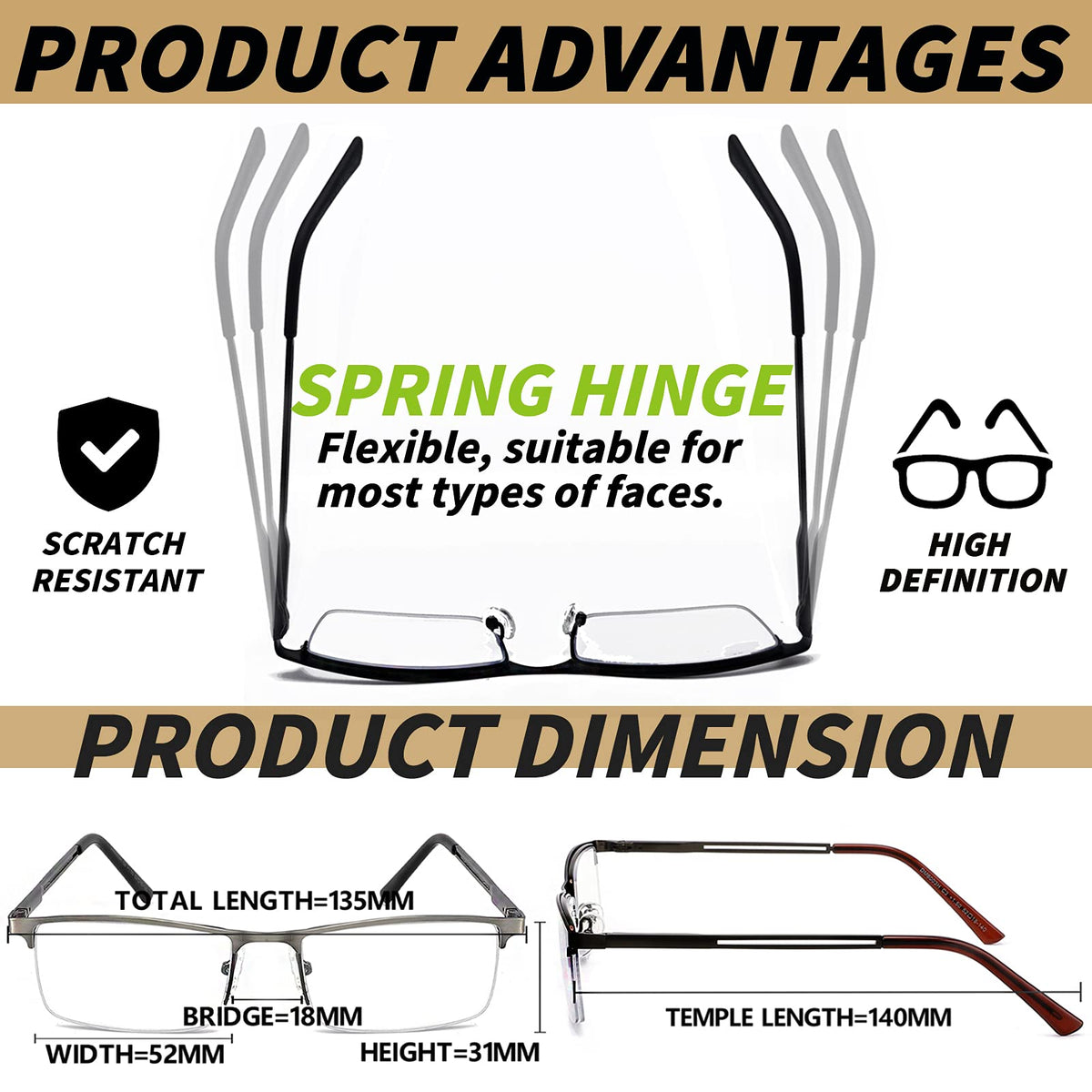 JJWELL 3 Pack Mens Reading Glasses Blue Light Blocking, Metal Rectangle Semi Rimless Readers for Men, Anti Eyestrain/Computer Glare/UV, Half Frame Spring Hinge Eyeglasses with Pouches(3.25)