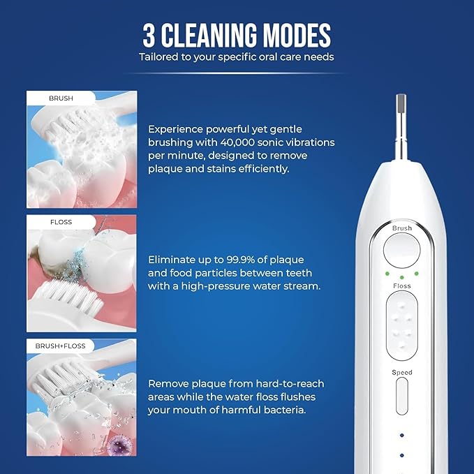 Flossing Toothbrush 2-in-1 Electric Toothbrush Water Flosser Combo – Sonic Toothbrush with 40k Vibrations & High Pressure Dental Flosser, 5 Brushing Modes, Ideal for Braces & Implants