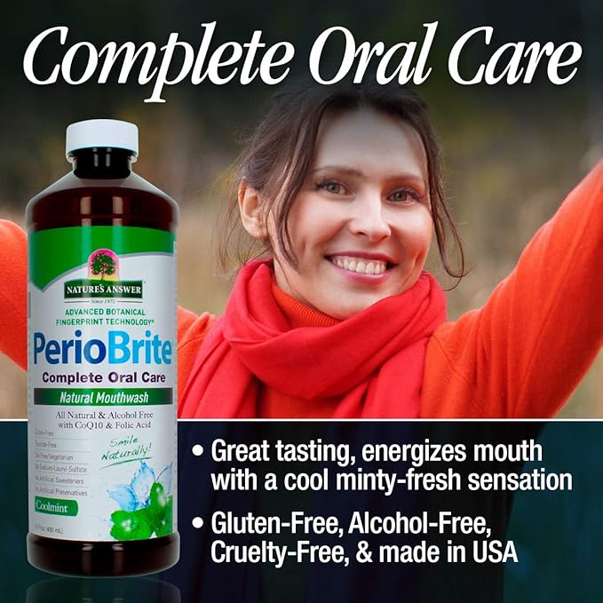 Nature's Answer PerioWash Mouthwash Alcohol-Free Cool Mint - 16 fl oz | Fluoride Free | Natural Breath Freshener | Stain Remover | Natural Teeth Whitener (Pack of 1)