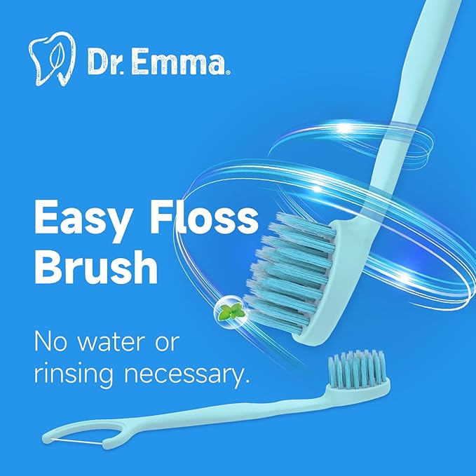Dr. Emma Mini Brush Disposable Toothbrushes with Floss, Travel Mint Toothbrush for On-The-Go Use, 24 Packs Individually Wrapped Small Portable Toothbrush, Blue