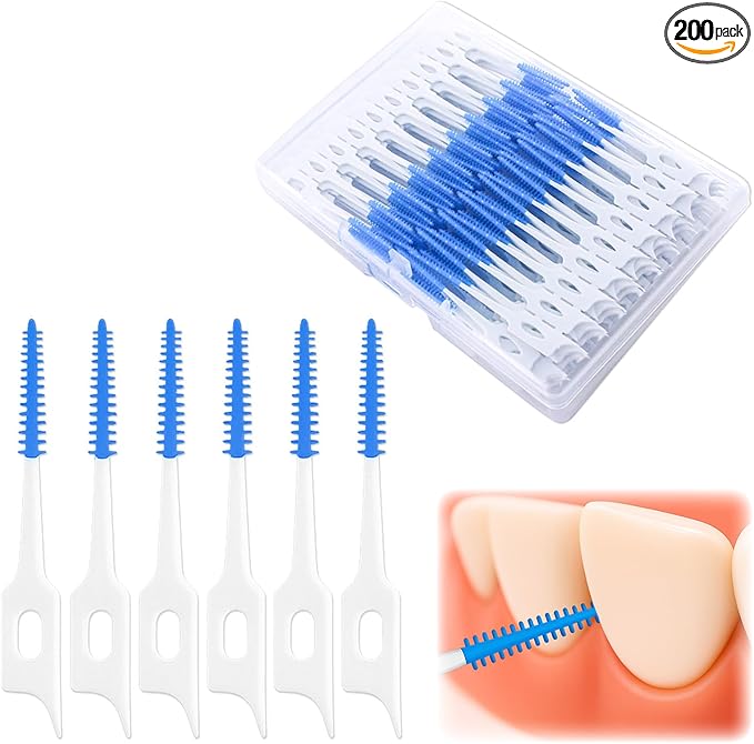 200 Pcs Portable Soft Silicone Interdental Floss Picks for Family Oral Care, Dual - Ended Toothpick & Flosser Cleaning Tool（Blue）