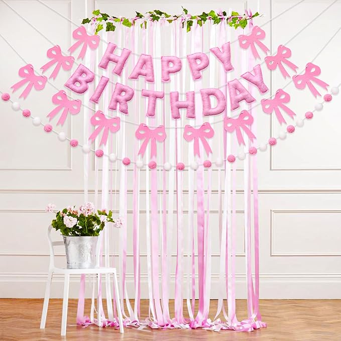 Pre-Strung Pink Bow Birthday Decorations, Reusable Coquette Party Decorations with Wool Felt Happy Birthday Banner, Bow and Felt Ball Garland for Girls Women Baby Shower Pink Bow Theme Decor