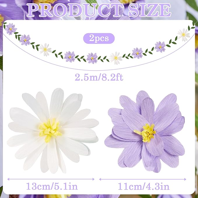 2PCS Paper Flower Garland, Paper Leaves Banner Vine Flowers with Green Leaves Crepe Flower Garland Decorations for Wall Anniversary Wedding Birthday Arch Decor-Purple
