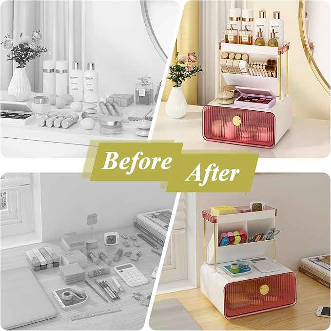 FOLLOWIN Bathroom Organizers and Storage with Drawer,Vanity Storage Organizer with Makeup Brushes Holder, Perfume Lotion Cosmetic Organizer,Blush Pink