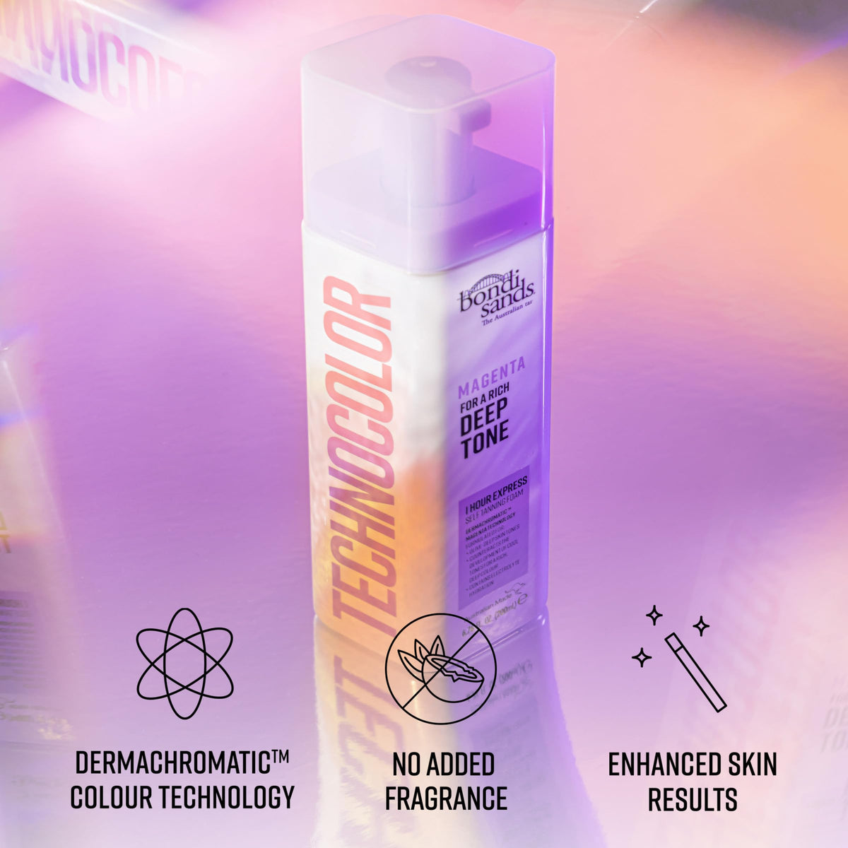 Bondi Sands Technocolor Magenta 1 Hour Express Self Tanning Foam, Best for Olive to Deep Skin Tones Looking for a Rich, Deep Toned Tan, 6.76 fl. oz.