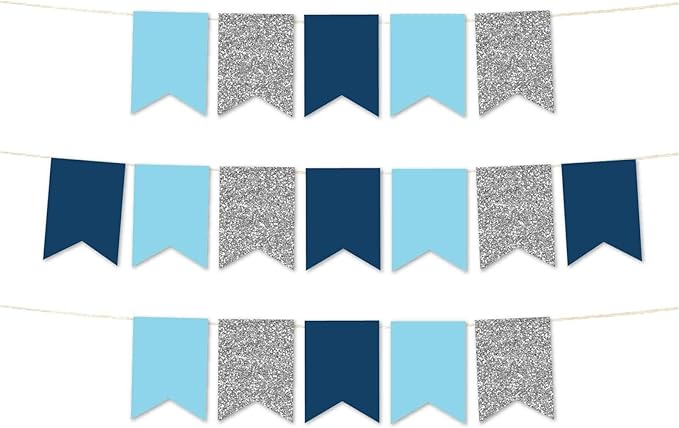Andaz Press Hanging Pennant Banner with String, Baby Blue, Navy Blue, Silver, 1-Set, 24 Pennants, Approx. 12-Feet Long, Bar Mitzvah Hanukkah Theme Colored Supplies