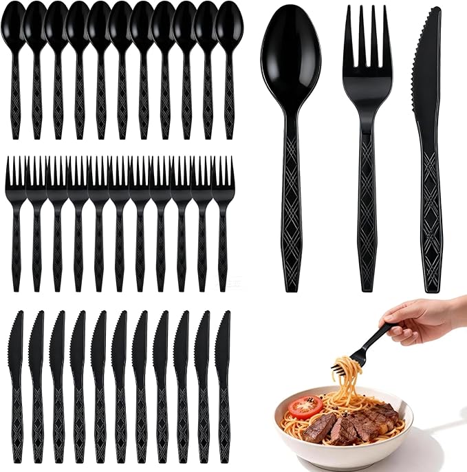 Dualshine 360-Pack Black Plastic Silverware, Disposable Cutlery Set, Plastic Forks and Spoons Knives Utensils Set (120 Each) for Restaurants, Picnics, Catering, Parties, Weddings