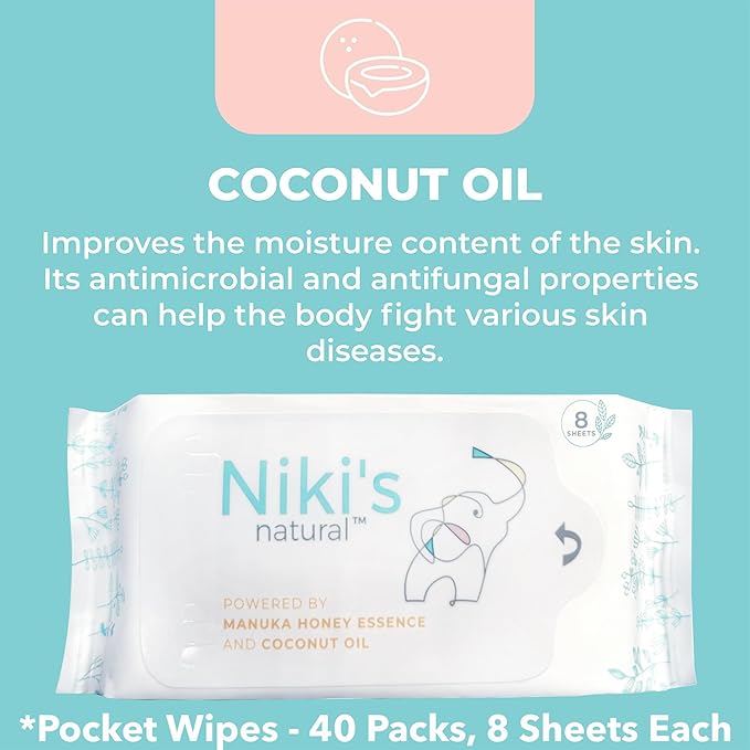 Niki's Natural Pocket Baby Wipes | Organic Baby Wipes Sensitive | Made with Manuka Honey and Coconut Oil, Unscented | EWG Verified | 320 Wipes (40 Pack x 8 Count Wipes)