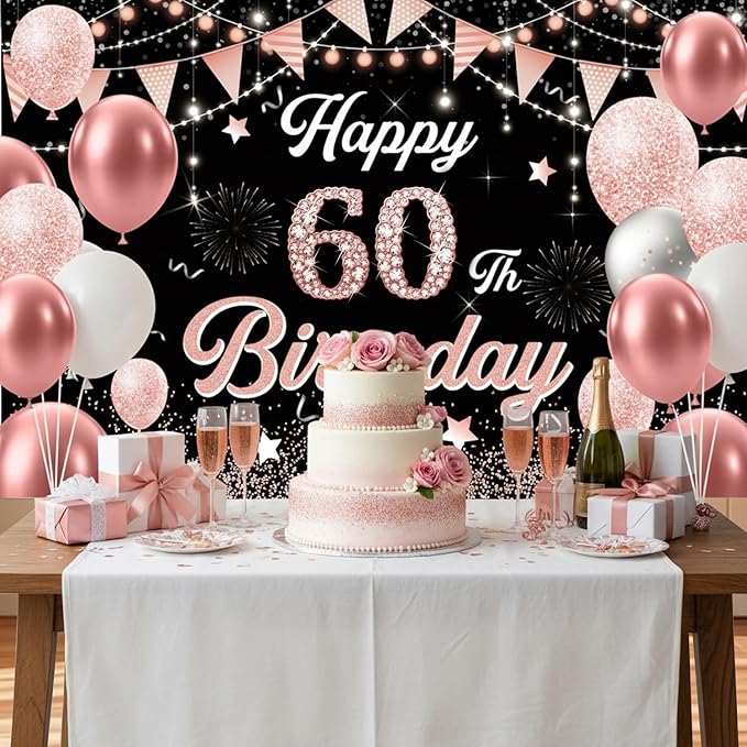 60th Birthday Decorations for Women - Happy 60th Birthday Banner Decorations Cheers to 60 Years Birthday Party Indoor and Outdoor Decoration Suppiles Pink Backdrop for 60th Birthday Party Favors Decor