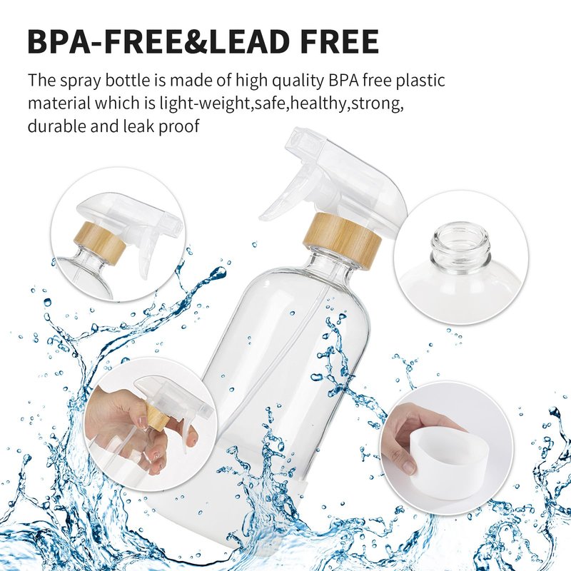 HOMBYS Empty Bamboo Glass Spray Bottles with Silicone Sleeve Protection - Refillable 17 oz Clear Glass Containers for Cleaning Solutions, Essential Oils, Misting Plants - Quality Sprayer - 3 Pack
