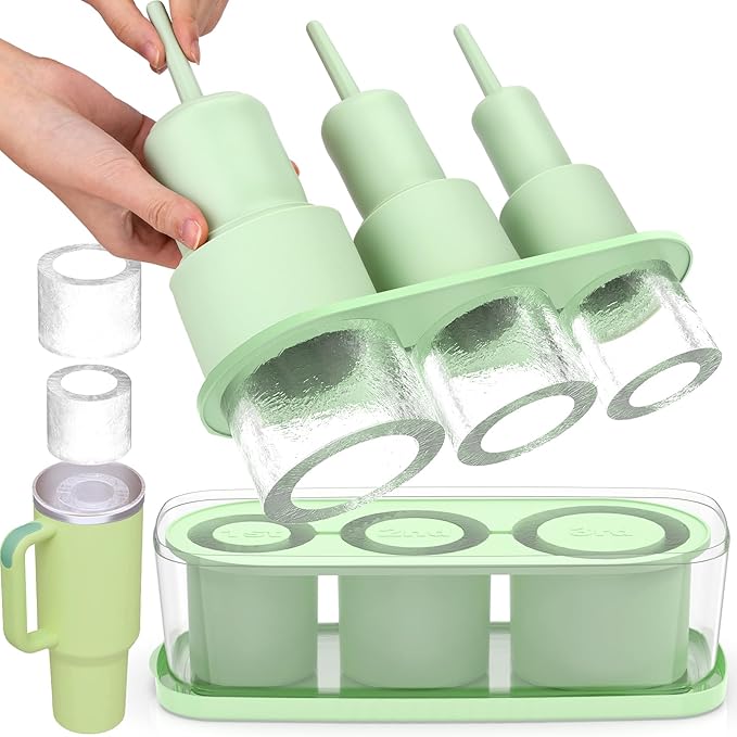 Ice Cube Tray for Tumbler Cup 30Oz-40Oz, 3 Pcs Silicone Cylinder Ice Mold with Lid and Bin for Freezer, Easy Fill and Release Ice Maker for Whiskey, Cocktail BPA-Free (Green, 40Oz-Type2)