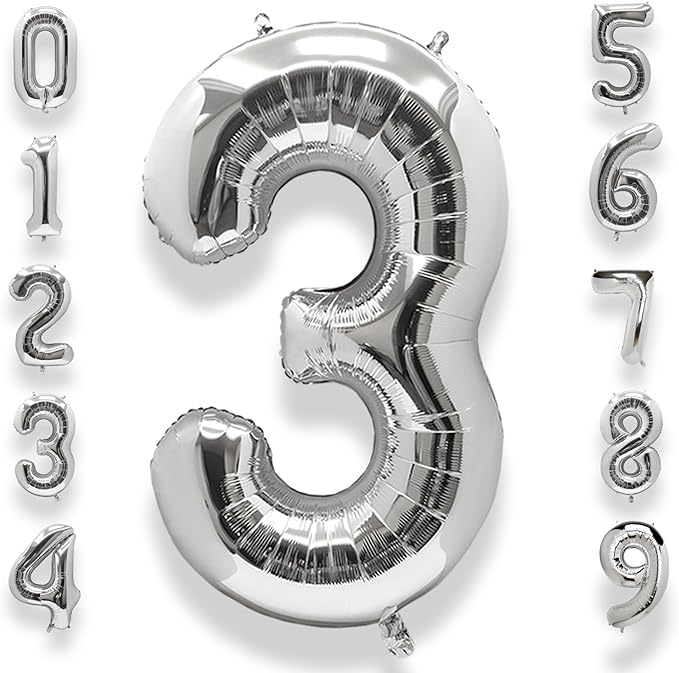 AULE 40 Inch Big Silver 3 Balloon Number Large Foil Helium Number Balloons 0-9 Jumbo Giant Happy 3rd Birthday Party Decorations for Boy or Girl Huge Mylar Anniversary Party Supplies