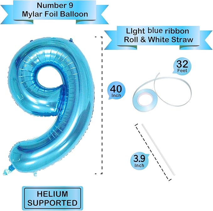 40 Inch Blue Number Balloons, Helium Mylar Foil Number Balloons for Birthdays, Number 9 Balloon for Party Wedding Bachelorette Birthday Bridal Shower Graduation Anniversary Celebration Party