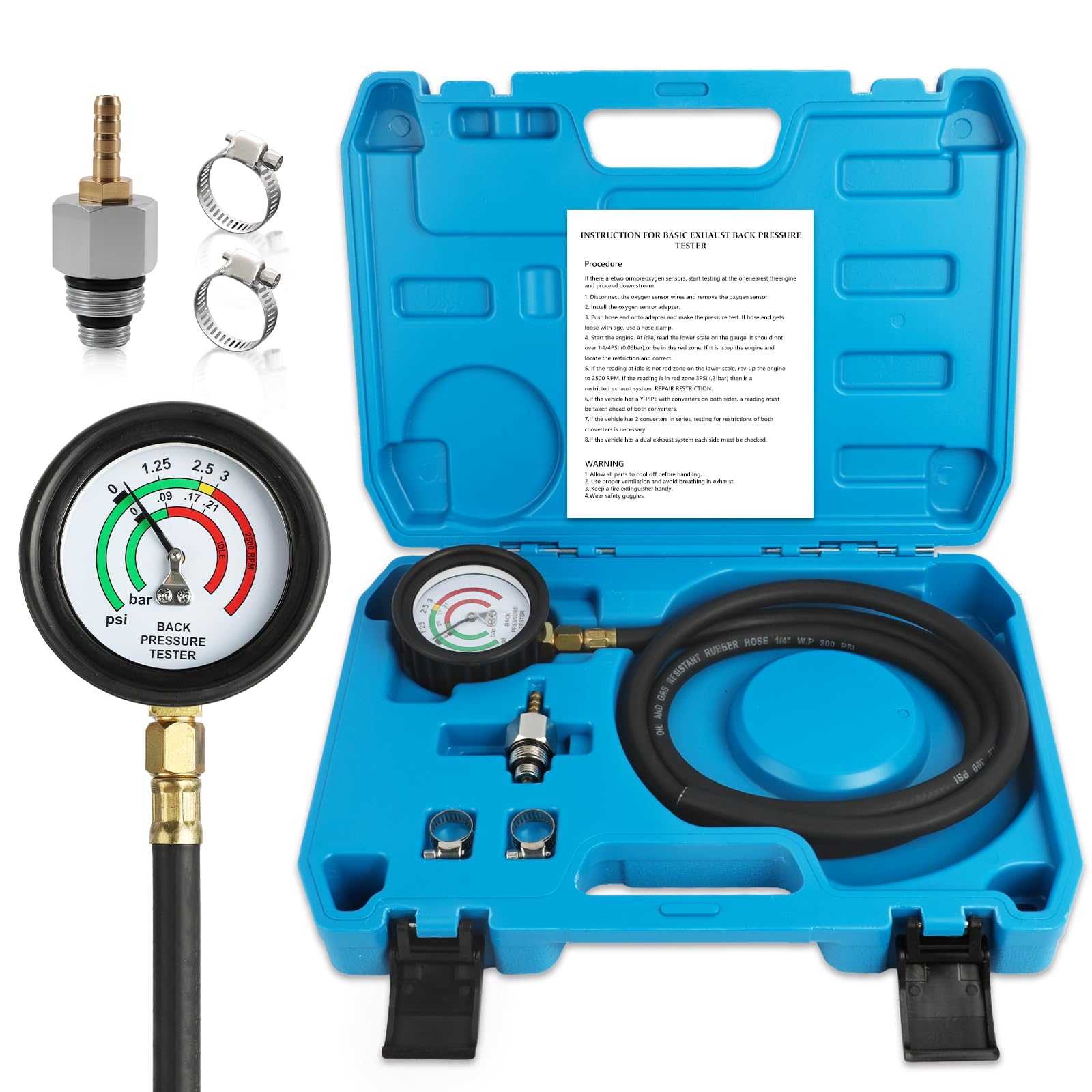 Exhaust Back Pressure Tester Kit, Professional Automotive Exhaust Back Pressure Gauge Set with 5FT Hose, M12 & M18 Adapters, for