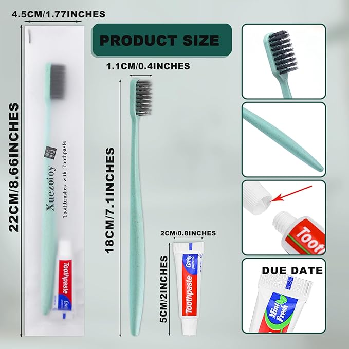 Disposable Toothbrushes with Toothpaste,100 Pack Green Individually Wrapped Disposable Travel Toothbrushes Kit in Bulk for Homeless,Nursing Home,Hotel,Charity