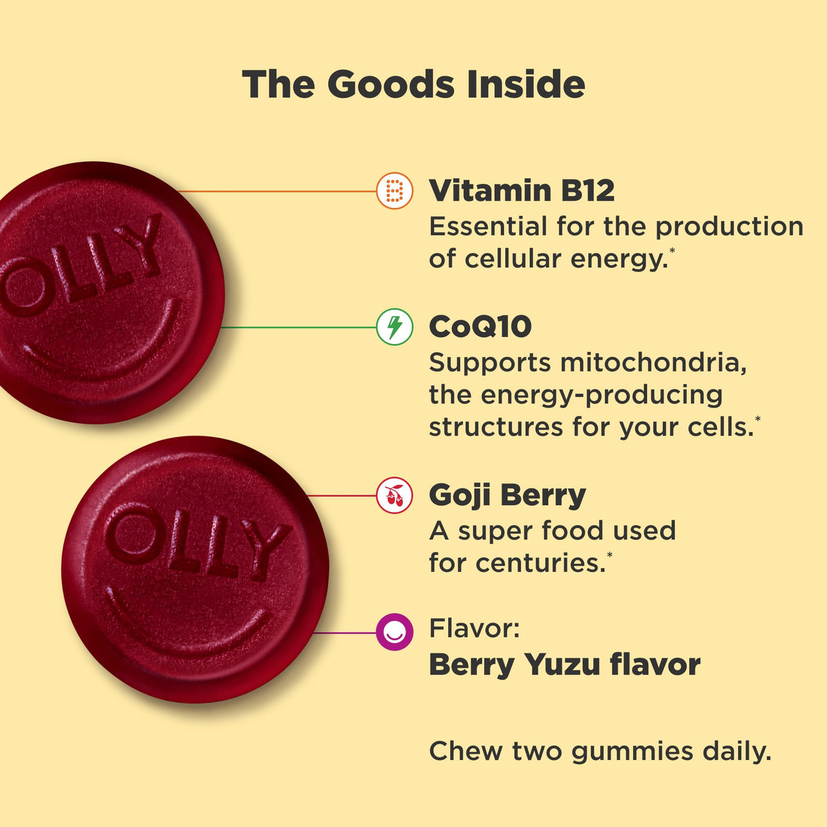 OLLY Extra Strength Daily Energy Gummy, Caffeine Free Cellular Energy Production,* 1000 mcg Vitamin B12, CoQ10, Goji Berry, Adult Chewable Supplement, Berry Yuzu Flavored, 30 Day Supply - 60 Count