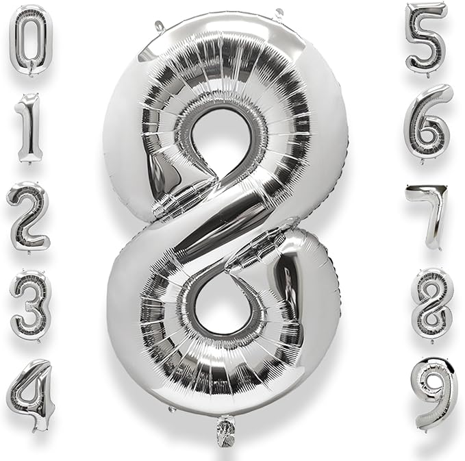 AULE 40 Inch Big Silver 8 Balloon Number Large Foil Helium Number Balloons 0-9 Jumbo Giant Happy 8th Birthday Party Decorations for Boy or Girl Huge Mylar Anniversary Party Supplies