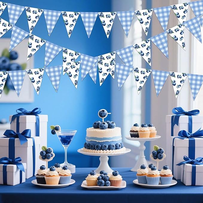 Jollyboom Blueberry Baby Shower Decorations, 3pcs Pennant Banner Triangle Garland Flags Paper Pre-Strung 8.3 x 5.9 inches for Baby Shower Birthday Party Blueberry Fruit Indoor Outdoor Party