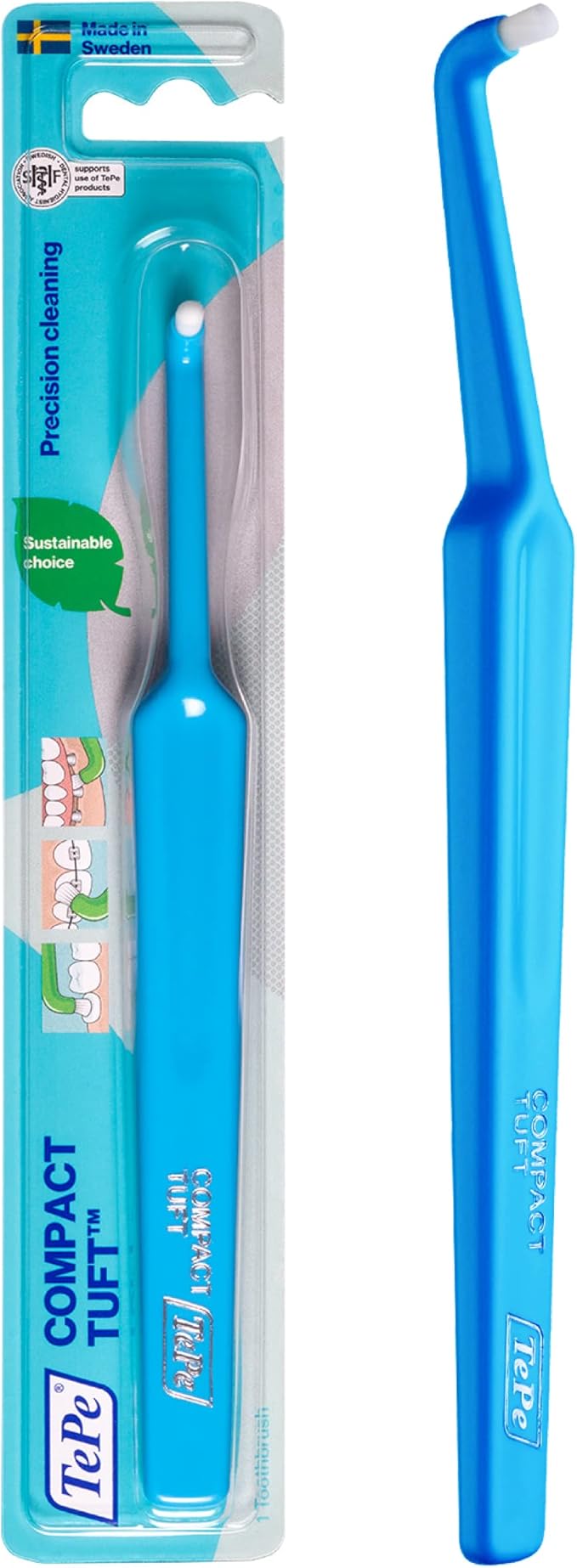 TEPE Compact Tuft Toothbrush, Tufted Brush End Orthodontic Toothbrush for Braces, Dental Implants, Denture Brush, Small Head, 1 Pk