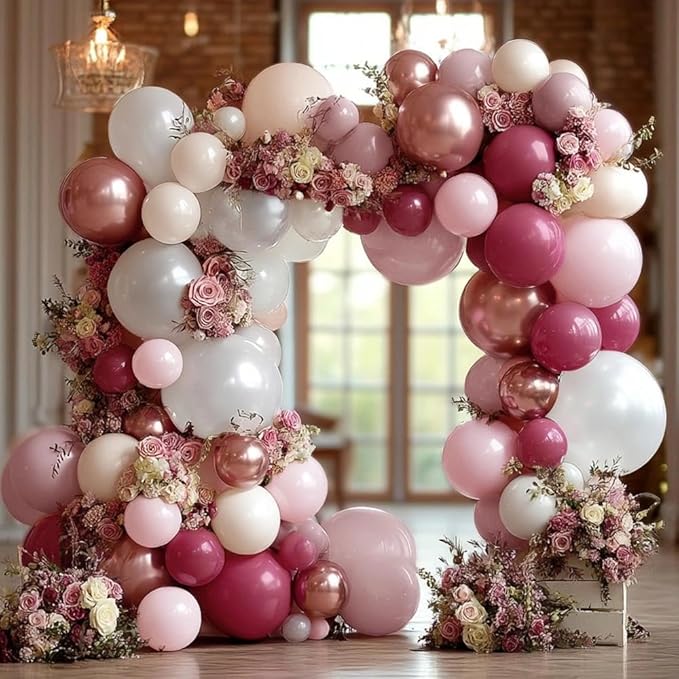 Dusty Rose Pink Balloon Garland Double Stuffed Dark Pink Mauve Pearl White Latex Balloons Blush Cream Balloon Arch Kit for Birthday Bridal Baby Shower Wedding Mother's Day Party Decorations