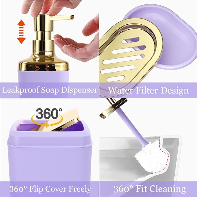 Purple Bathroom Accessories Set, Purple and Gold Bathroom Accessories with Trash Can, Soap Dispenser, Soap Dish, Toothbrush Holder and Q-tip Holders
