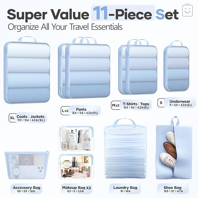 Veken 11 Set Compression Packing Cubes for Travel Essentials,Compressible Expandable Large Luggage Suitcase Organizer Bags for Clothing,Durable Space Saver Storage Bags with Toiletry Bags(Light Blue)