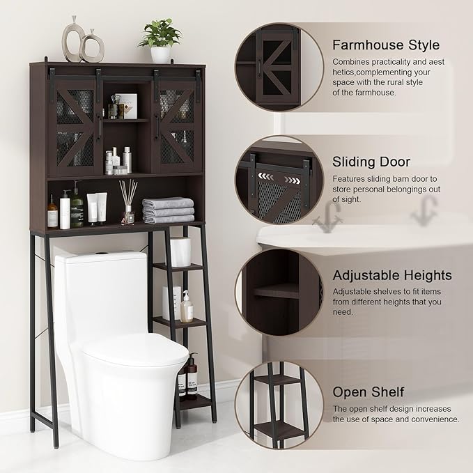 Over The Toilet Storage Cabinet, Farmhouse Storage Cabinet Over Toilet with 2 Sliding Barn Door，Home Space-Saving Toilet Rack, for Bathroom, Restroom, Laundry，Espresso