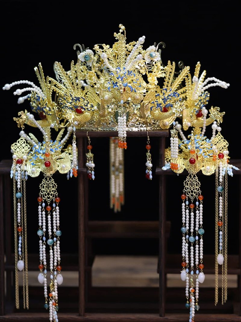 Chinese Wedding Bride Hair Accessory Chinese Crown Wedding Hair Accessories Golden Flower Floral Beaded Flapper Headband Jeweled Bridal Wedding Tiara (Phoenix)