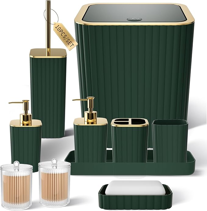 Bathroom Accessories Set - Gorgeous Green Bathroom Set, 10PC Green Bathroom Accessory Set, Bathroom Sets with Toilet Brush, Bathroom Trash Can