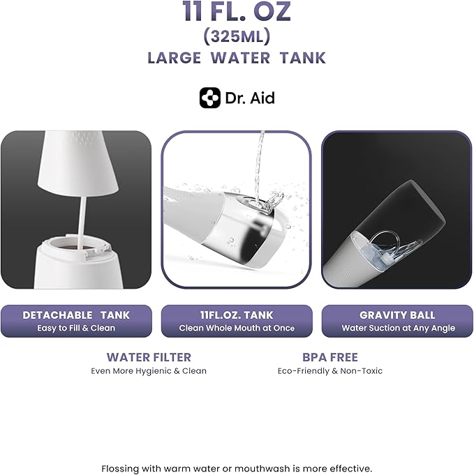 Dr. Aid Dental Water Flosser – Portable Oral Irrigator – 11Oz Tank, Water Filter, 5 Tips, Magnetic Charger – IPX8 Waterproof Cordless Water Flosser, Ideal Water Flossers for Teeth, Gums, Braces, White