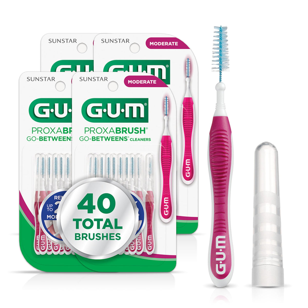 GUM Proxabrush Go-Betweens Moderate Interdental Brushes – Soft Bristle Dental Picks for Plaque Removal, Health & Braces Care, 10 Count (Pack of 4)
