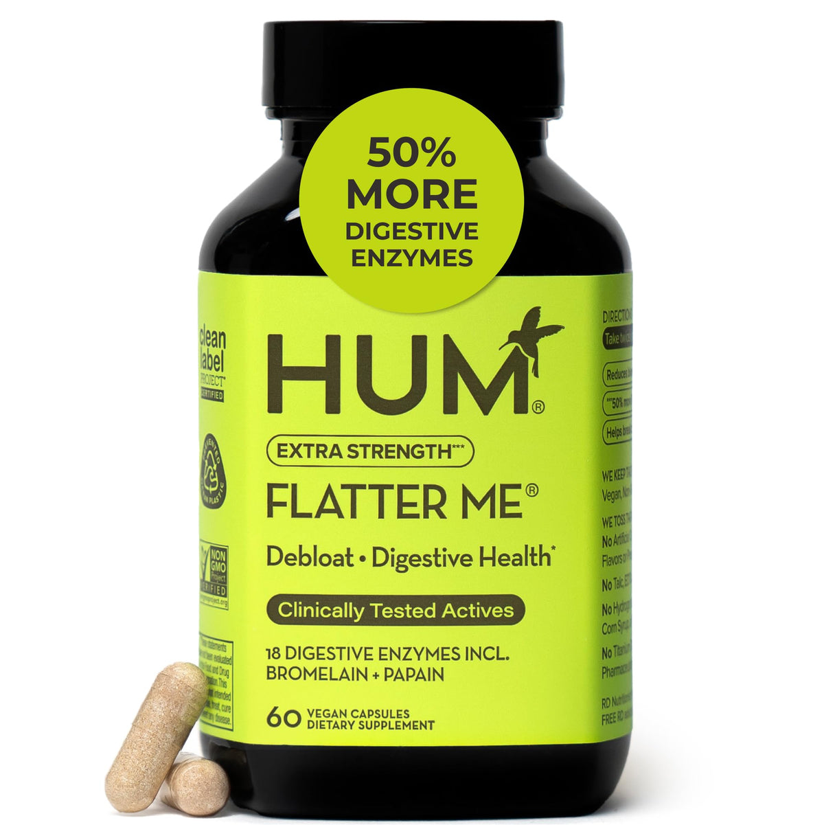 HUM Flatter Me Extra Strength Digestive Enzymes for Women, Men, Digestive Gut Bloating Supplement, Ginger, Peppermint Leaf, Fast Acting Anti Bloat Pills Multi Enzyme for Debloating, 60 Capsules