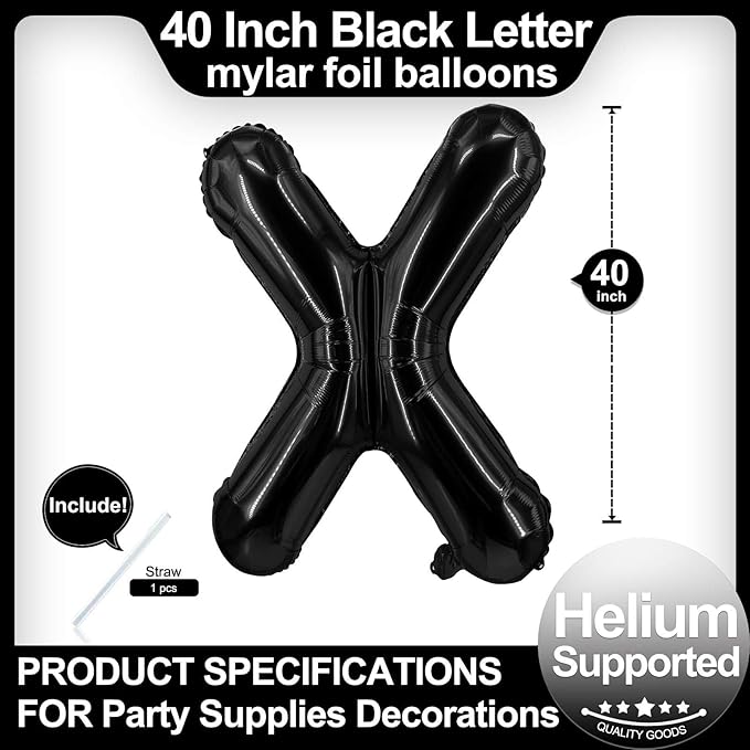 40 Inch Black Letter X Balloons, DIY Phrase Foil Alphabet Letter X Balloons DIY Word X Banner for Birthday Anniversary Celebration Graduation Party Supplies Decoration