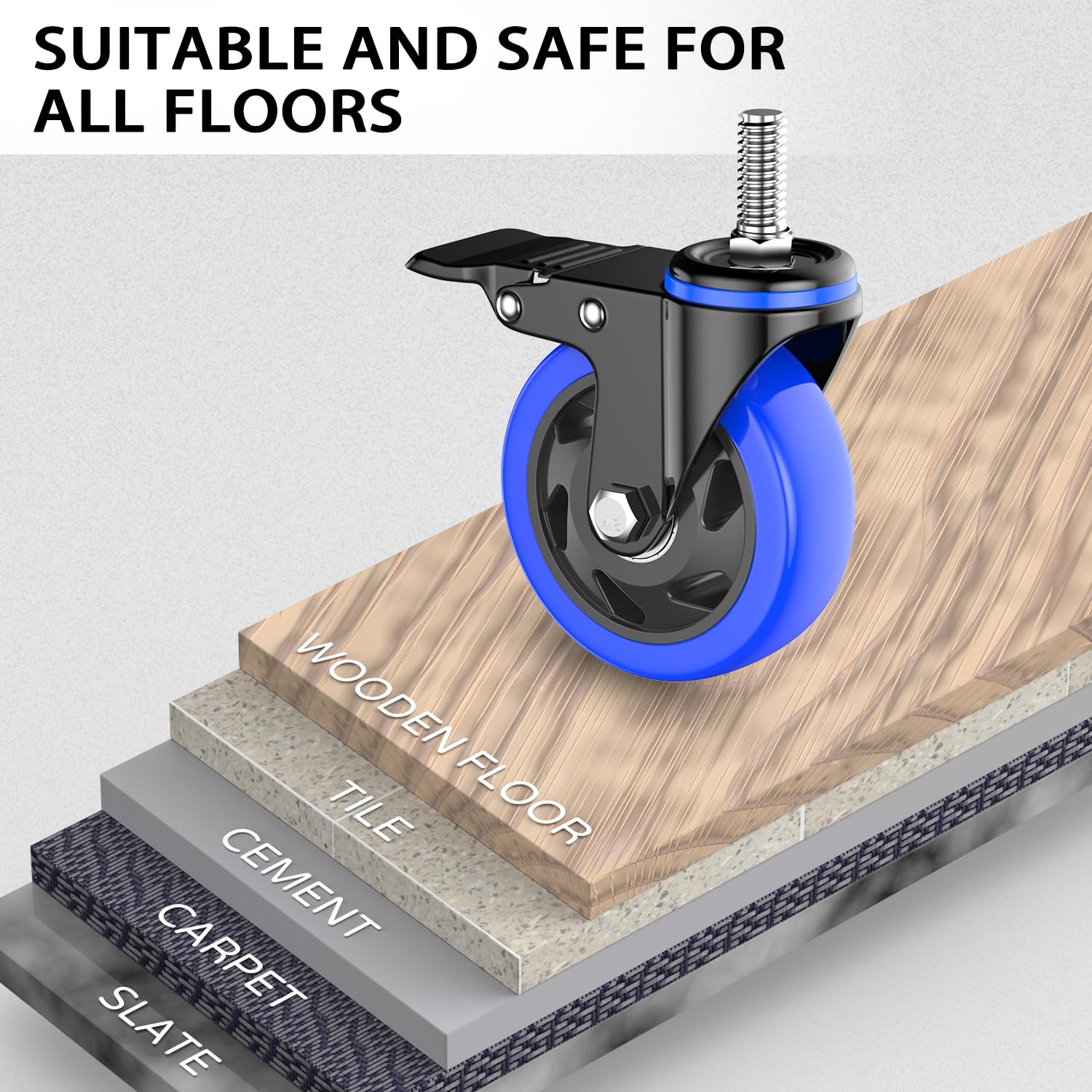 4 Inch Caster Wheels Heavy Duty Stem Caster 2000Lbs, Threaded Stem Casters 3/8"-16 x 1(Stem Diameter 3/8", Stem Length 1"), Swviel Locking Caster Set of 4, Industrial Castor Wheels for Cart,Furniture