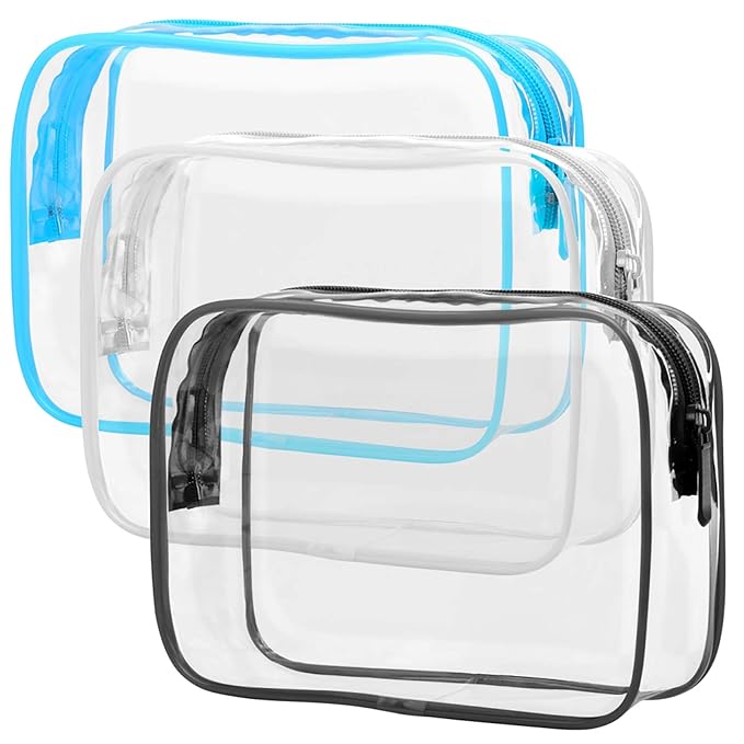 PACKISM Clear Cosmetic Bag, TSA Approved Clear Makeup Bag Travel Toiletry Bag, Beauty Quart Size Bag, 3 Pack, Black White Blue