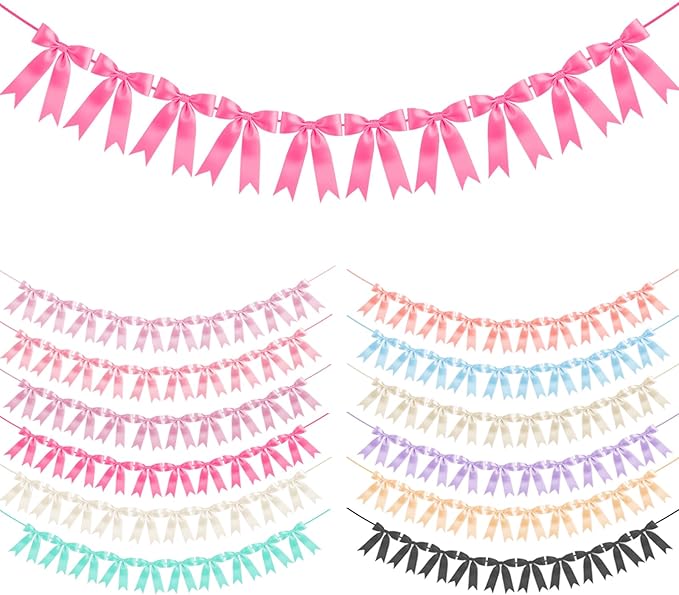 Hot Pink Bow Garland Bow Banner Bow Party Decorations Pre-Strung Large Coquette Satin Ribbon for Birthday Bachelorette Party Bridal Shower Wedding Engagement Baby Shower