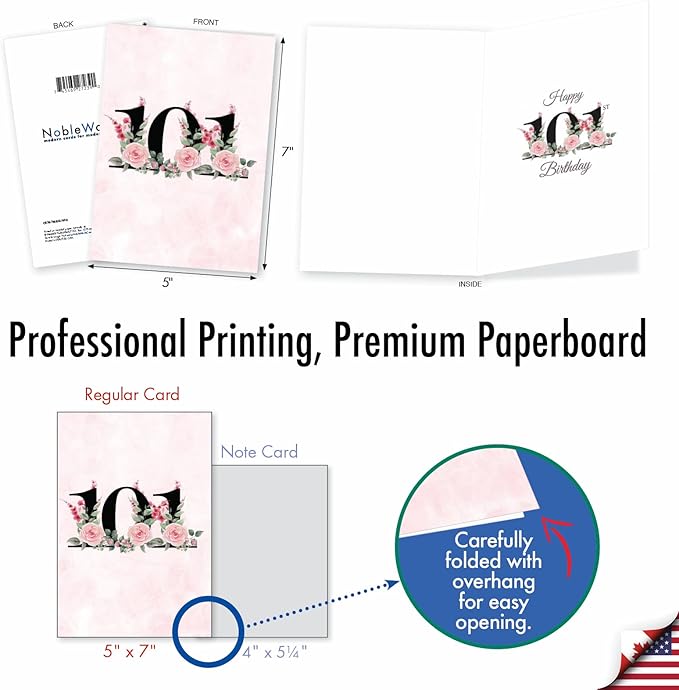 NobleWorks - 101th Milestone Birthday Greeting Card with 5 x 7 Inch Envelope (1 Card) Floral Age 101 C8267MBG