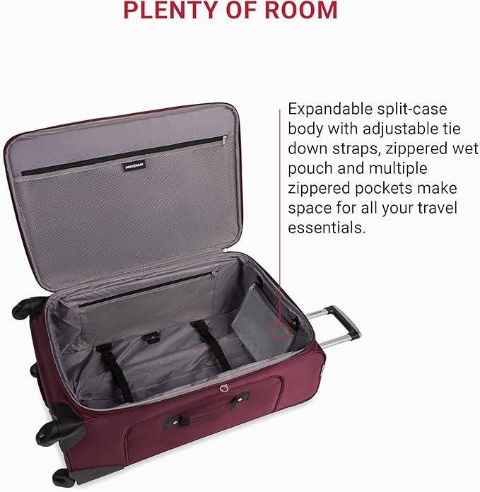 SWISSGEAR Sion Softside Expandable Spinner Luggage Durable Lightweight Travel Suitcase, Merlot, 3-Piece Set (21/25/29)