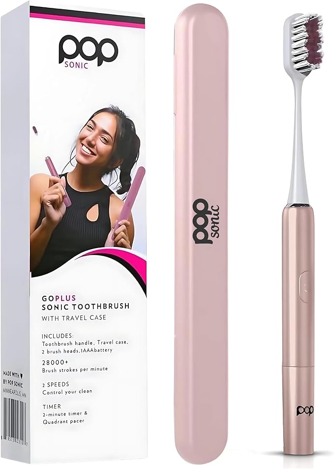 Pop Sonic Go Plus Travel Electric Toothbrush (Rose Gold) | 2 Speeds w/ 18000-24000 Vibrations Per Minute - The Ultimate Set | 8+ Colors to Choose from