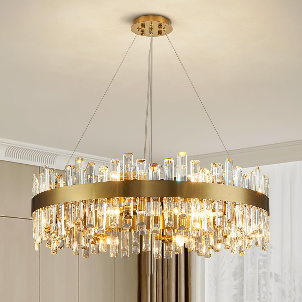 Siljoy Modern Crystal Chandelier, 16-Light Brushed Brass Gold 2-Tiers K9 Crystal Raindrop Chandelier, Luxury Large Crystal Chandelier Ceiling Light for Living Dining Room Entry Foye D31.5''