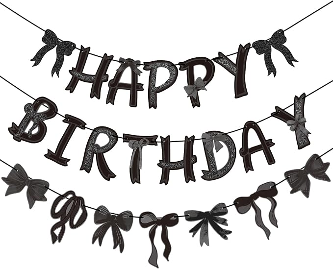Pre-strung Black Bow Birthday Decorations, Black Coquette Party Decorations, Bow Party Supplies Include Happy Birthday Banner, Bow Garland Banner for Girls