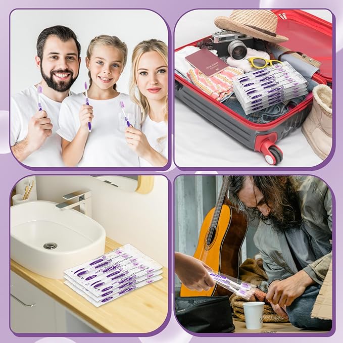 200 Prepasted Disposable Toothbrushes Individually Wrapped Pre Pasted Toothbrushes Soft Bristle Travel Tooth Brush Single Use Wrapped for Hotel, Camping, Travel and Gift for The Homeless (purple)