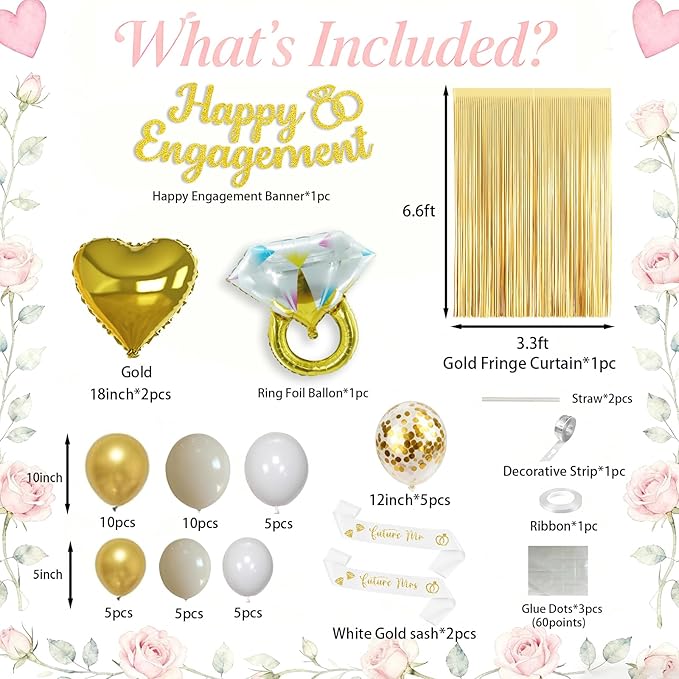 Gold Engagement Party Decorations, Just Engaged Decorations for Wedding Party, Bachelorette & Home Party, with Happy Engagement Banner, Foil Balloons, Sash, Fringe Curtain