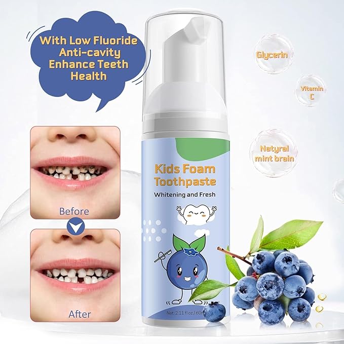 Foam Toothpaste Kids,Toddler Toothpaste with Low Fluoride & Natural Formula to Reduce Plaque, Kids Toothpaste for U Shaped Toothbrush for Children Ages 3 Plus (120 ML, Watermelon & Blueberry)