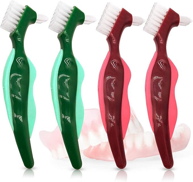 Premium Hard Denture Brush Toothbrush for False Teeth, Multi-Layered Bristles & Portable Denture Double Sided Brush, Denture Care (Pack of 4)