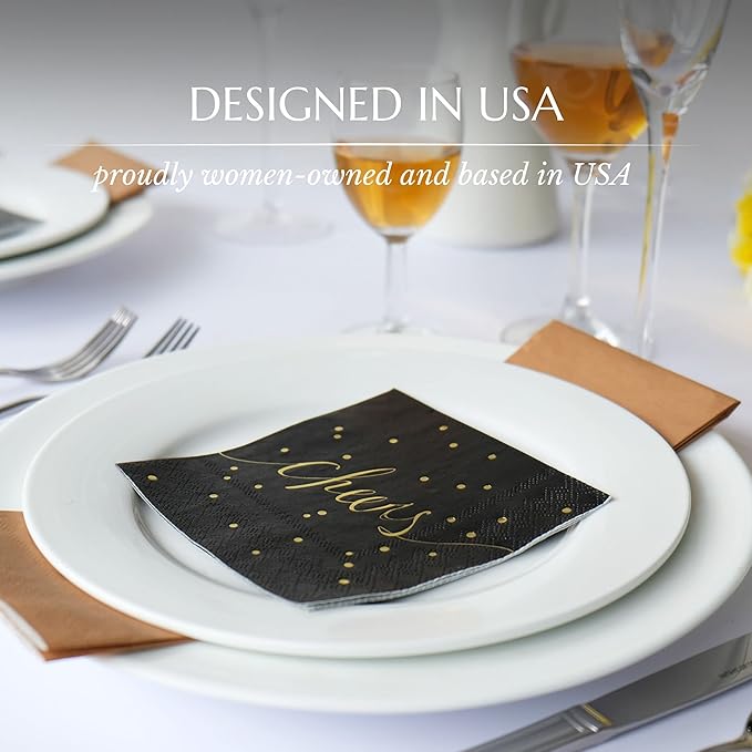 Black and Gold Cocktail Napkins - Pack of 50 Disposable Bar Napkins - Wedding Baby Shower Birthday Graduation Dessert - 3 Ply - By Simple-Glee