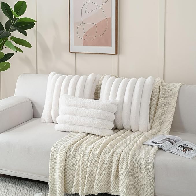 FUTEI Cream White Decorative Throw Pillow Covers 24x24 Inch Set of 2, Square Soft Faux Rabbit Fur Thick Striped European Cushion Covers,Winter Home Decor for Couch Bed Living Room